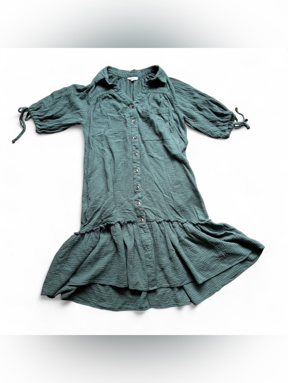 Easel Forest Green Cotton Gauze Tiered Button Front Midi Dress